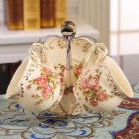 杯具办公室套装小陶瓷结婚简约精致创意单个女欧式花茶杯英式 象牙黄~玫瑰2杯2碟2勺送杯架