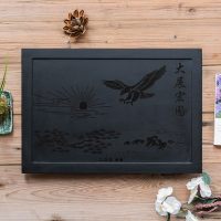 乌金石茶盘定制嵌入式茶桌中间内嵌火烧石材漏水面板茶台石板订做 大展宏图53*37*1.8