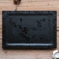 乌金石茶盘定制嵌入式茶桌中间内嵌火烧石材漏水面板茶台石板订做 荷塘月色53*37*1.8