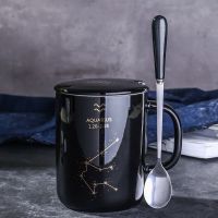 陶瓷含盖含勺马克水杯家用办公实用12星座喝水杯创意茶杯咖啡杯 水瓶座(1月20-2月18)升级材质黑杯+盖+精品勺