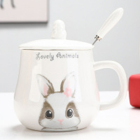 韩版可爱动物马克杯陶瓷杯子卡通喝水杯情侣杯咖啡杯带盖勺牛奶杯 杯子+葫芦盖+专属勺白色萌小兔