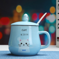 韩版可爱动物马克杯陶瓷杯子卡通喝水杯情侣杯咖啡杯带盖勺牛奶杯 杯子+葫芦盖+陶瓷勺蓝色小猫咪