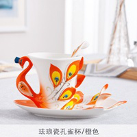 景德镇陶瓷创意孔雀骨瓷咖啡杯碟勺对杯子欧式茶杯套装水杯 橙色
