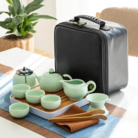 杯具特色茶具套装杯盖创意旅游个性简单工具二杯泡茶杯小号方便单 粉青西施壶套装配黑色皮包