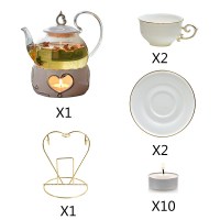 新款整套小型养生壶蜡烛加热玻璃小茶壶耐高温加厚烧水耐热托盘 600ML高把壶+心型炉+2骨瓷杯碟送