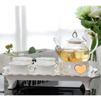 新款整套小型养生壶蜡烛加热玻璃小茶壶耐高温加厚烧水耐热托盘 600ML高把壶+炉+4瓷杯+托盘无杯