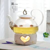 新款整套小型养生壶蜡烛加热玻璃小茶壶耐高温加厚烧水耐热托盘 800ML高把壶+心型炉座送10个蜡烛