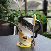 马克杯带盖勺文艺北欧茶杯陶瓷带盖可爱男生款简约个性水杯蜘蛛侠 蝙蝠侠+盖+勺+吸管+垫+刷