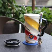 马克杯带盖勺文艺北欧茶杯陶瓷带盖可爱男生款简约个性水杯蜘蛛侠 超人+瓷盖+勺+吸管+垫+刷