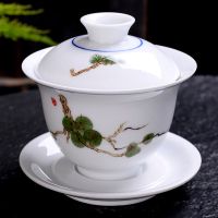 盖碗茶杯 景德镇青花瓷盖碗大号陶瓷功夫茶具三才碗敬茶碗泡茶壶 白瓷手绘仓松-220毫升