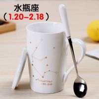 星座马克杯陶瓷水杯带盖带勺韩版女学生大容量家用咖啡牛奶杯礼品 水瓶座(1.20-2.18)旧款白色(杯盖勺)