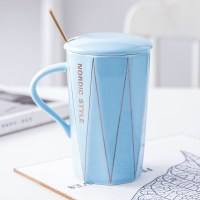 ins北欧风情侣杯子一对创意咖啡水杯带盖勺陶瓷复古办公室马克杯 天蓝色带盖带勺