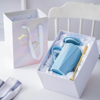 ins北欧风情侣杯子一对创意咖啡水杯带盖勺陶瓷复古办公室马克杯 天蓝色带盖带勺+礼盒