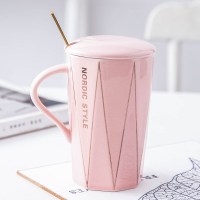 ins北欧风情侣杯子一对创意咖啡水杯带盖勺陶瓷复古办公室马克杯 粉色带盖带勺