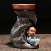 创意陶瓷泡茶过滤器。开水茶漏加水茶道桌上陶土漏斗单件水性家庭 荷韵茶托+茶滤