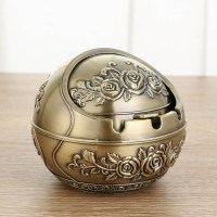 欧式烟灰缸家用创意客厅ins个性潮流带盖多功能防飞灰俄罗斯摆件 青铜玫瑰花平角(翻盖)大号