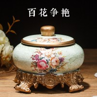 烟灰缸陶瓷创意个性美式防风大号客厅现代简约家用中欧式潮北带盖 白花争艳全套