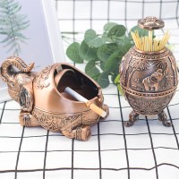 欧式大象烟灰缸 牙签筒套装创意 个性潮流多功能防风带盖家用客厅 纯红古大象套装