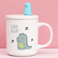 韩版可爱卡通恐龙鳄鱼马克杯女生儿童浮带盖勺早餐牛奶杯子。 贪睡恐龙