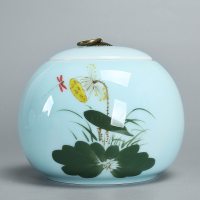 茶叶罐陶瓷密封罐大号七两装小号四两装亚光防潮储茶罐普洱陶瓷罐 手绘戏莲