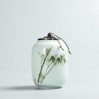 [可选顺丰配送][送茶勺]青瓷手绘梅竹陶瓷绿茶密封存储罐茶仓 手绘竹节茶叶罐