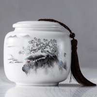 【半斤装】茶叶罐陶瓷大号半斤装储存罐密封罐普洱红茶绿茶茶罐 江山流苏款