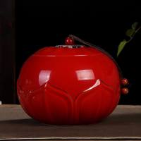 陶瓷中号大号茶叶罐密封储物罐储存普洱茶仓茶盒茶缸红绿茶包装盒 描金荷花-红(250g)