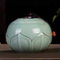 陶瓷中号大号茶叶罐密封储物罐储存普洱茶仓茶盒茶缸红绿茶包装盒 描金荷花-绿(250g)