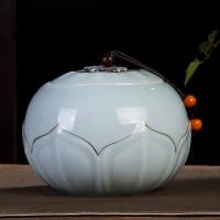 陶瓷中号大号茶叶罐密封储物罐储存普洱茶仓茶盒茶缸红绿茶包装盒 描金荷花-青(250g)