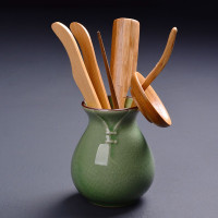 夹工具收纳六茶陶瓷套装家用茶桶零配件筒则茶具茶勺创意功夫茶 绿哥窑旗袍瓶-竹配件茶道