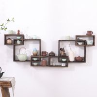 实木茶杯架墙壁隔板墙面书架壁挂博古架多宝阁茶架挂墙格子置物架 长方形三边体数量2个重烧长136