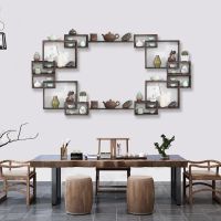 实木茶杯架墙壁隔板墙面书架壁挂博古架多宝阁茶架挂墙格子置物架 长方形4个+2块一支板60重烧长19