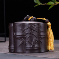 紫砂茶叶罐家用复古密封罐大号半斤装红绿茶普洱散茶包装盒储存罐 紫砂竹节+正山小种红茶