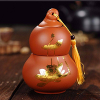 (亏本冲量)紫砂茶叶罐存茶罐装陶瓷罐储存罐密封罐小罐茶花茶罐 葫芦双层荷花