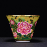 图案莲花牡丹花茶杯的白色带有杯子陶瓷水杯简约家用圆形结实女士 珐琅彩掐金丝高杯牡丹花