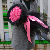 创意生日女生男送女朋友闺蜜情侣毕业母亲节妈妈香皂玫瑰花束 19朵香皂花黑纱粉色