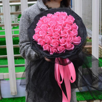 创意生日女生男送女朋友闺蜜情侣毕业母亲节妈妈香皂玫瑰花束 33朵香皂花黑纱粉色