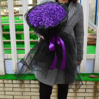 创意生日女生男送女朋友闺蜜情侣毕业母亲节妈妈香皂玫瑰花束 51朵香皂花黑纱紫色