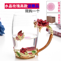 珐琅彩水杯家用高档水晶玻璃杯套装欧式小耐热花茶杯创意杯子 红玫瑰高款珐琅杯简装
