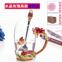珐琅彩水杯家用高档水晶玻璃杯套装欧式小耐热花茶杯创意杯子 高款珐琅杯+珐琅勺简装