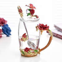 珐琅彩水杯家用高档水晶玻璃杯套装欧式小耐热花茶杯创意杯子 高款珐琅杯+珐琅勺+杯盖简装