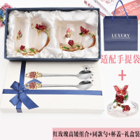 珐琅彩水杯家用高档水晶玻璃杯套装欧式小耐热花茶杯创意杯子 红玫瑰高矮组合礼盒装