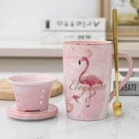 北欧ins茶水分离陶瓷马克杯带盖勺情侣杯简约办公花茶过滤杯定制b 火烈鸟红花-带茶漏(泡沫装)