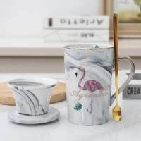 北欧ins茶水分离陶瓷马克杯带盖勺情侣杯简约办公花茶过滤杯定制b 火烈鸟绿叶-带茶漏(泡沫装)