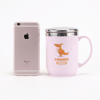 马克杯带盖勺办公室水杯304不锈钢创意茶杯带手柄咖啡杯儿童杯子 粉红色萌袋鼠(350毫升)304钢盖