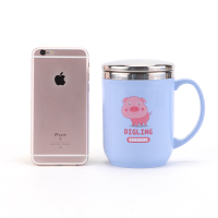 马克杯带盖勺办公室水杯304不锈钢创意茶杯带手柄咖啡杯儿童杯子 蓝色小猪猪(350毫升)304钢盖