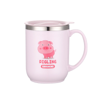 马克杯带盖勺办公室水杯304不锈钢创意茶杯带手柄咖啡杯儿童杯子 粉红色小猪猪(350毫升)PP盖子