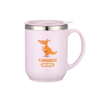 马克杯带盖勺办公室水杯304不锈钢创意茶杯带手柄咖啡杯儿童杯子 粉红色萌袋鼠(350毫升)PP盖子