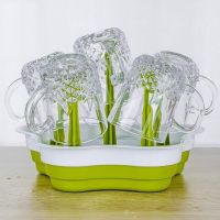 家用玻璃杯喝水杯子带把手柄泡茶杯无盖水杯6只装带杯架托盘套装 6只星星杯+(绿色)沥水盘