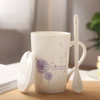 奋斗励志单杯德化白瓷马克杯办公室水杯家用咖啡杯子带盖品茗陶瓷 蒲公英紫盖陶瓷勺T58